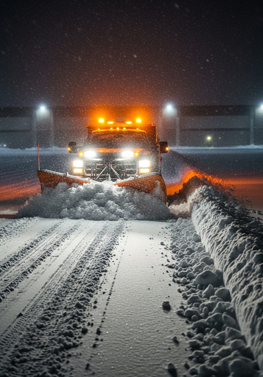 DC Lawn and Snow plowing a Michigan driveway at night